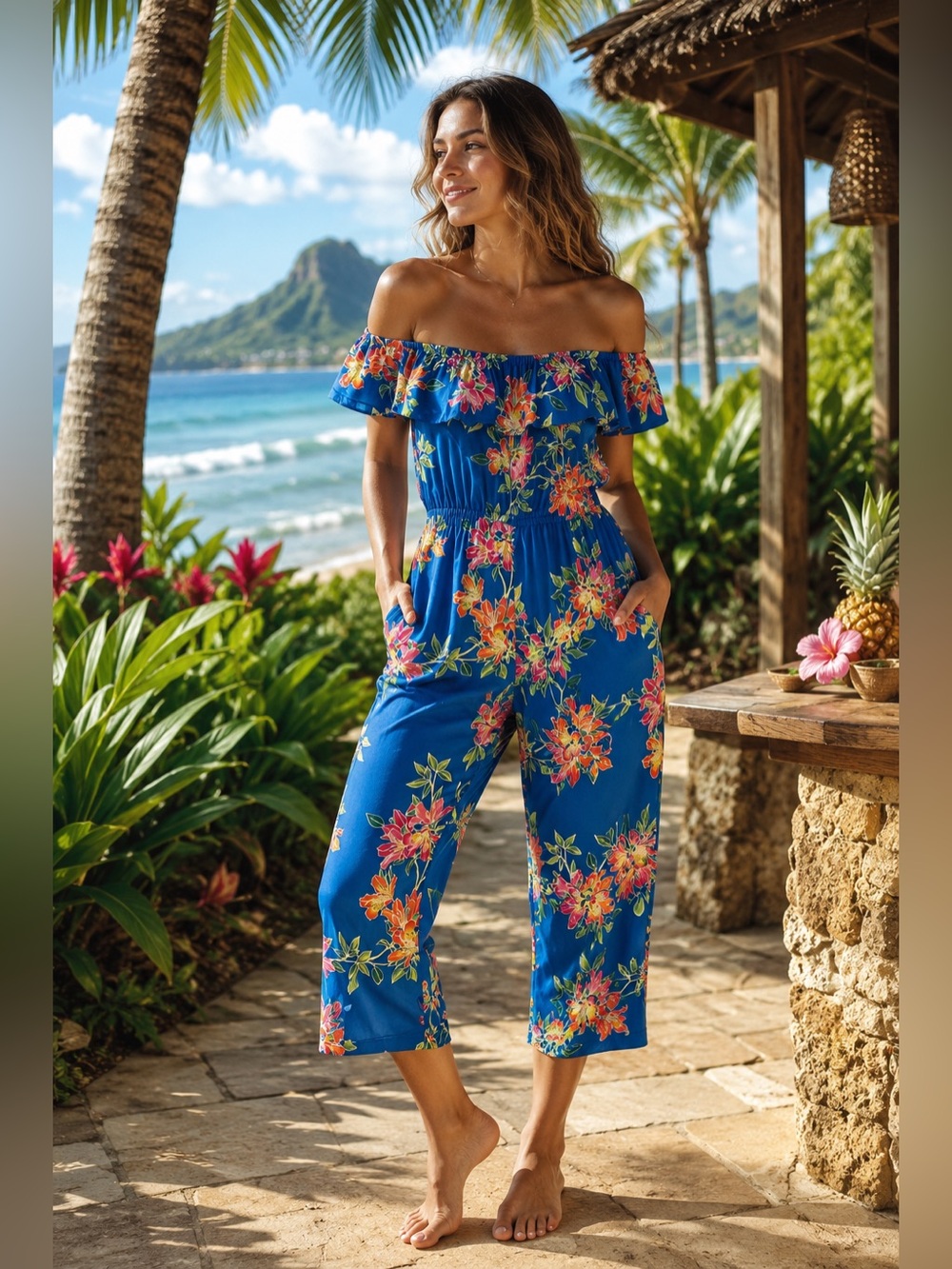 Tommy Bahama Sun Lillies Floral Cropped Jumpsuit Blue | Resort Wear | Size XS